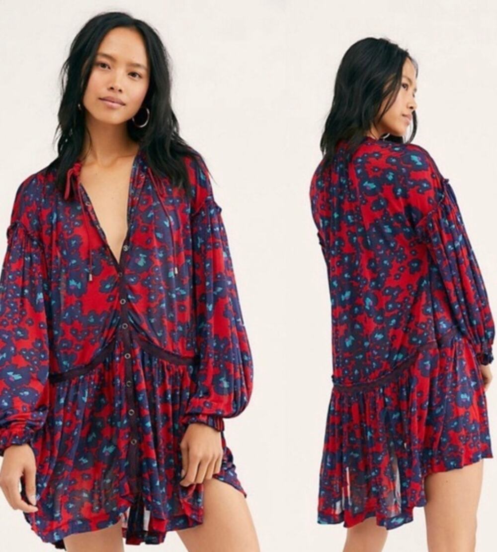 Free People Red and Blue Animal print tunic top. Small